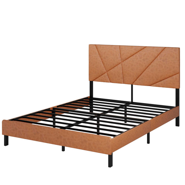 English Elm Queen Metal Platform Bed Frame with Headboard, Antique Brown Upholstered, 800 lb Capacity, Under-Bed Storage, No Box Spring Required W636P294861