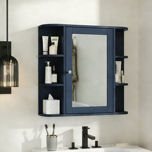 English Elm Bathroom Wall Cabinet with Mirror Door Open Shelving and Adjustable Interior Storage Blue N817P375228B