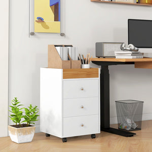 English Elm HOMCOM Mobile 3-Drawer Office Storage Cabinet with Removable Top Tray, Locking Wheels, Space-Saving Design White W2225P217756