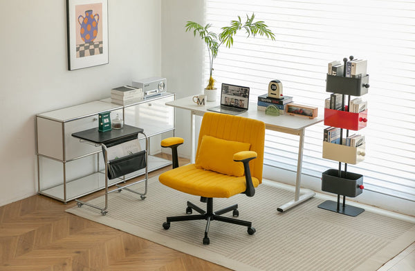 English Elm Yellow Linen Criss Cross Office Chair with Wheels - Ergonomic Altay Velvet, Adjustable Height, Pillow Support W3394P336173