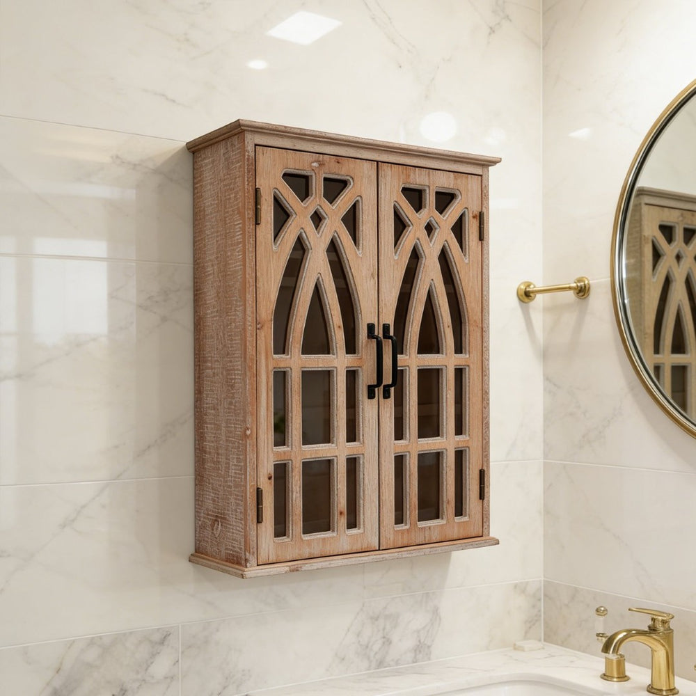 English Elm Vintage Farmhouse Wall Cabinet Carved Fretwork Doors Rustic Wood Bathroom Storage Natural & Light Brown W2295P457168
