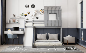 English Elm Wooden Twin Over Full Bunk Bed Farmhouse Playhouse Slide Pinewood Kids Loft Gray LT000328AAN