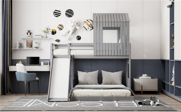 English Elm Wooden Twin Over Full Bunk Bed Farmhouse Playhouse Slide Pinewood Kids Loft Gray LT000328AAN