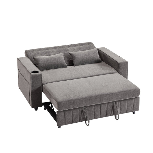 English Elm 61.4" Pull-out Sofa Bed Loveseat with Adjustable 3-Position Backrest, USB Ports, Cup Holders, Storage Rack Grey N719S001900E