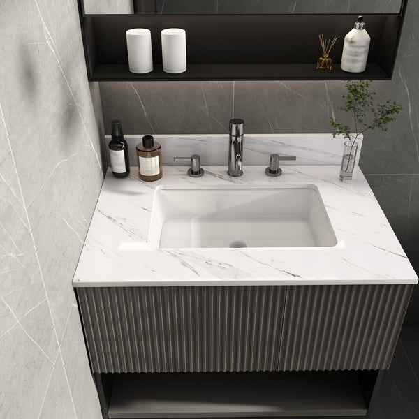 English Elm 31 Inch Marble Vanity Top - Bianco Carrara Venato - Durable Sintered Stone With Undermount Sink & Backsplash W2700P194073