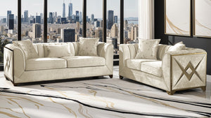 English Elm Velencia 3Pc Cream Velvet Living Room Set with Gold X Inlay, Tufted Cushions & Solid Wood Frame B009S01944