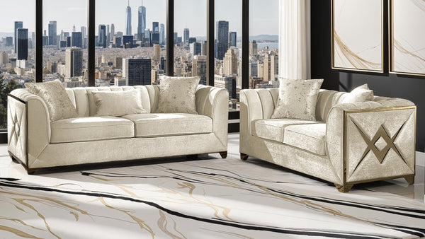 English Elm Velencia 2Pc Modern Living Room Set In Cream Velvet With Gold Accents For Luxurious Comfort & Style B009S01090-GIGA