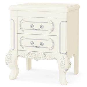 English Elm Elegant Hand-carved Nightstand with Silver Painted Edges and Two Drawer Storage T3971P458373