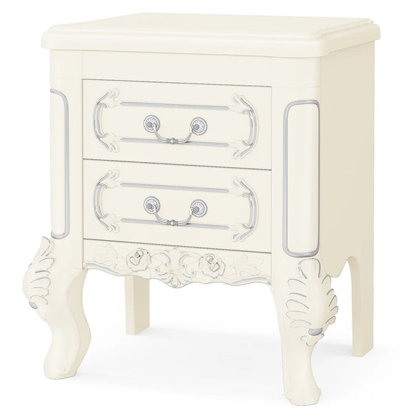 English Elm Elegant Hand-carved Nightstand with Silver Painted Edges and Two Drawer Storage T3971P458373