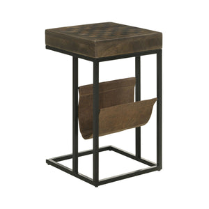 English Elm 1 Drawer Side Table with Leatherette Sling Tobacco Rustic Chessboard Top, Iron Frame, Drawer Storage B016P384808