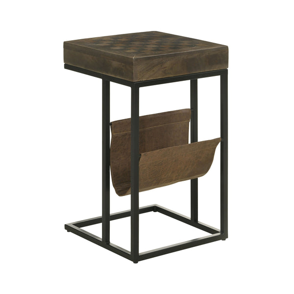 English Elm 1 Drawer Side Table with Leatherette Sling Tobacco Rustic Chessboard Top, Iron Frame, Drawer Storage B016P384808
