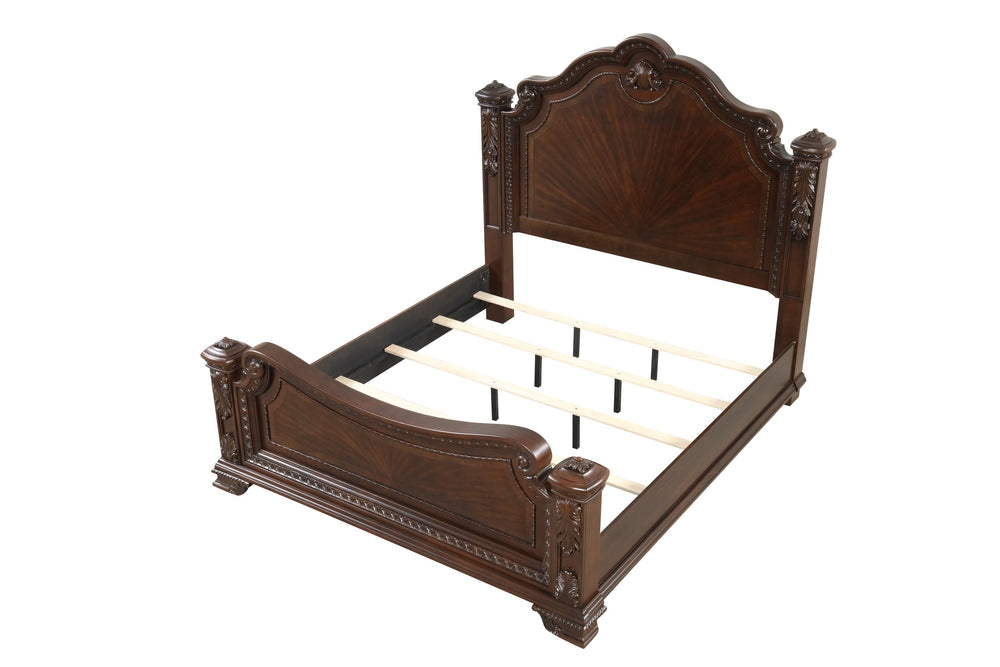 English Elm Traditional Vintage Queen Bed with Intricate Wood Carvings, High Headboard, Warm Walnut Finish, Box Spring Required B009S01347