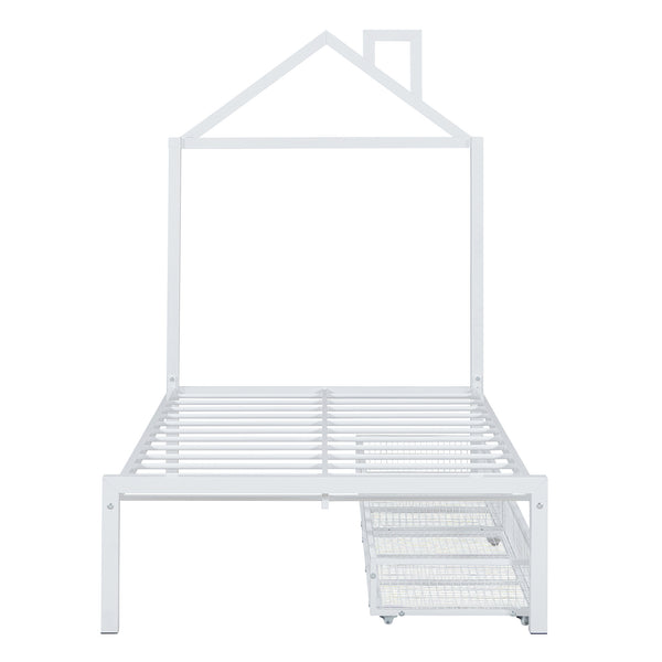 English Elm Twin Metal Platform Bed with House-Style Headboard, Sturdy Slatted Frame & Smooth Underbed Drawers for Kids and Teens (300 lb Capacity) White MF320570AAK