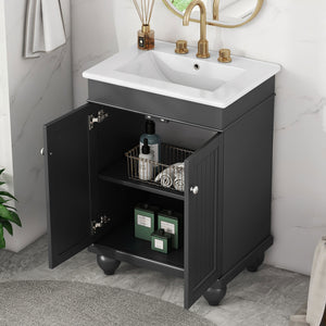 English Elm 24" Black Modern Sleek Bathroom Vanity Elegant Ceramic Sink With Solid Wood Frame, Adjustable Shelf