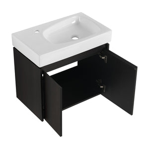 English Elm 24 Inch Bathroom Vanity Floating Ceramic Basin Sink Combo with Double-Door Wall-Mounted Storage Cabinet Durable Engineered Wood Modern Design Black W1972P190342
