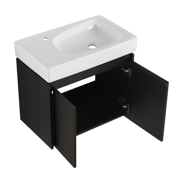 English Elm 24 Inch Bathroom Vanity Floating Ceramic Basin Sink Combo with Double-Door Wall-Mounted Storage Cabinet Durable Engineered Wood Modern Design Black W1972P190342