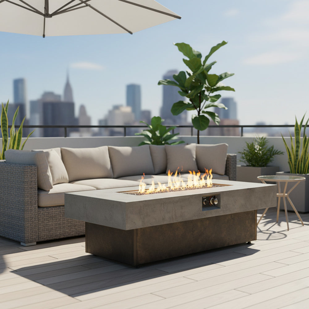English Elm Tabletop 50,000 BTU Propane Fire Pit Table 57.7" x 25.6", Adjustable Heights, Cement Textured Patio Fireplace W853P368310
