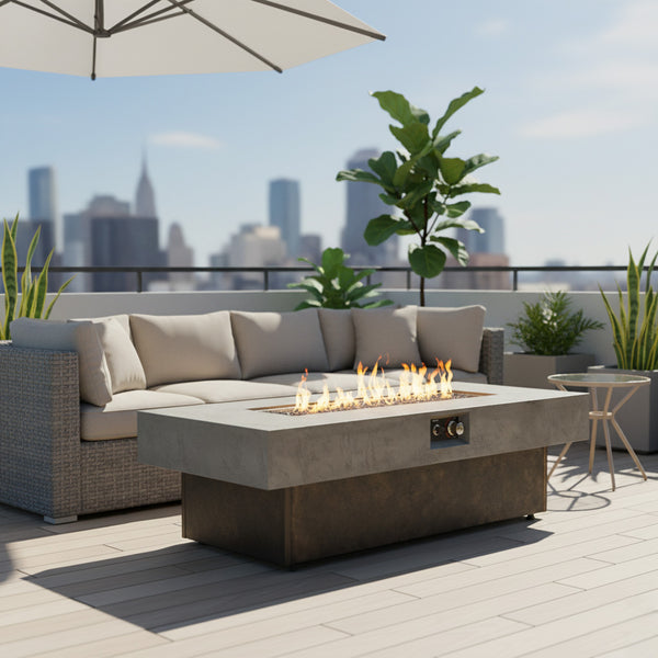 English Elm Tabletop 50,000 BTU Propane Fire Pit Table 57.7" x 25.6", Adjustable Heights, Cement Textured Patio Fireplace W853P368310