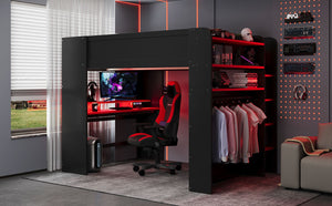 English Elm Full Size Gaming Bunk Bed with Rgb Lighting Integrated Desk Wardrobe and Storage Red LT100266AAR