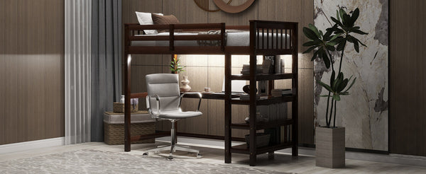 English Elm Twin Pine Loft Bed with Built-in Desk Open Shelves and Led Ambient Lighting Espresso GX000245AAP