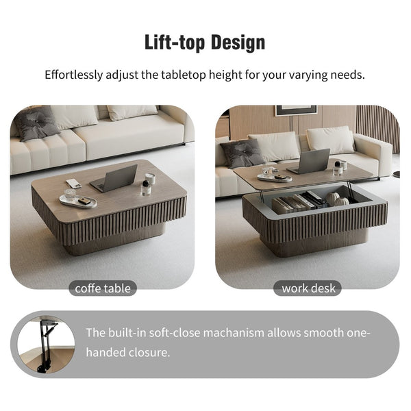 English Elm 38.6'' Fluted Lift Top Coffee Table Wood Veneer Hidden Storage Modern Living Room W1435P337635