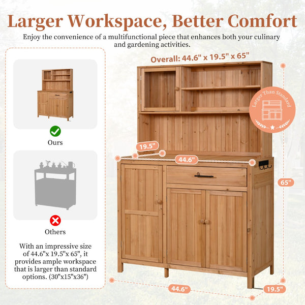 English Elm (with Hutch) Topamx Solid Fir Potting Bench Patio Workstation Spice Rack Drawer Natural N717P404330A