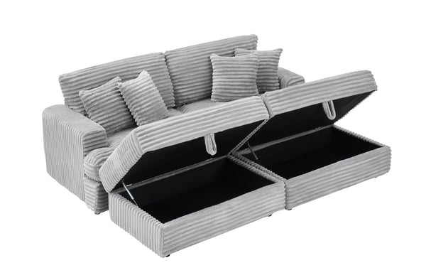 English Elm 82-Inch Gray Corduroy Sofa With 2 Storage Footrests & 4 Pillows - Cozy Modern Living Room Essential! W1658S00117