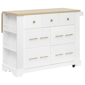 English Elm K&K Rustic Kitchen Island Cart with 6 Drawers, Pull-Out Trash Cabinet, Drop Leaf & Built-In Charging Station White N707P307292W