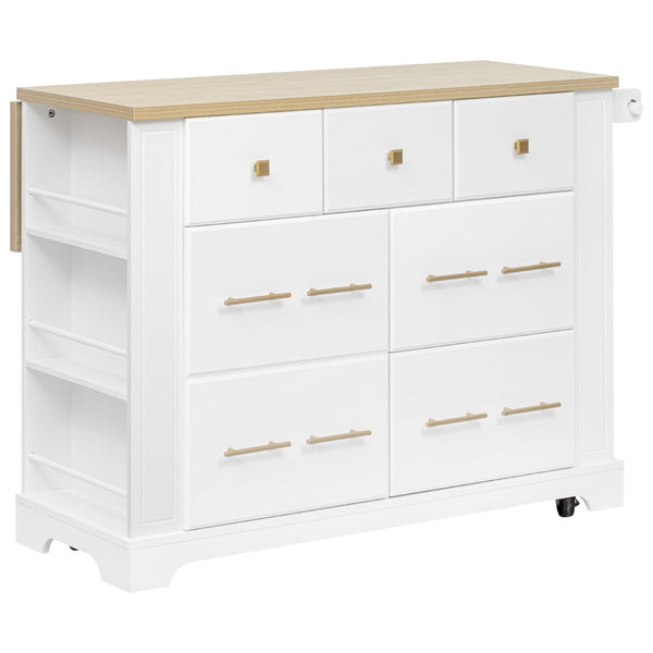 English Elm K&K Rustic Kitchen Island Cart with 6 Drawers, Pull-Out Trash Cabinet, Drop Leaf & Built-In Charging Station White N707P307292W