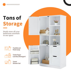English Elm Bathroom Tall Storage Cabinet with Doors, 2 Drawers, Adjustable Shelf, Anti-Tip, MDF White, Sleek Handles WF530559AAK