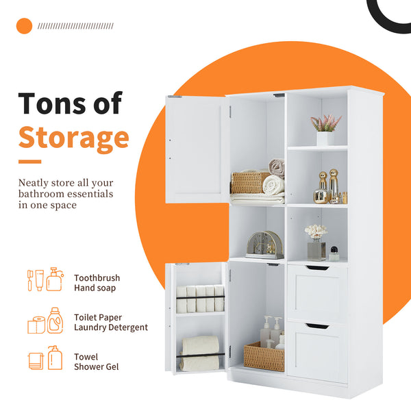 English Elm Bathroom Tall Storage Cabinet with Doors, 2 Drawers, Adjustable Shelf, Anti-Tip, MDF White, Sleek Handles WF530559AAK
