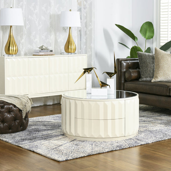 English Elm Jennifer Taylor Home - Facino Round 35.5" Storage Coffee Table with Mirrored Top, White Lacquer Birchwood, 2 Drawers B2719P238494