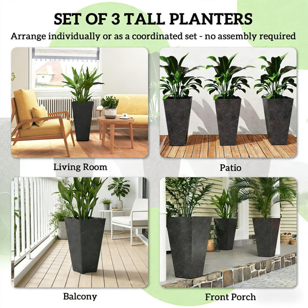 English Elm Set of 3 Tall Square Faux Marble Column Planters for Patio Entryway or Balcony Black T3971P440168