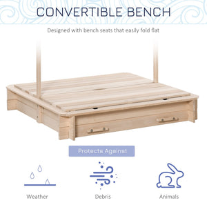 English Elm Outsunny Cedar Wood Kids Sandbox with Adjustable Canopy and Foldable Bench Seats W2225P200739