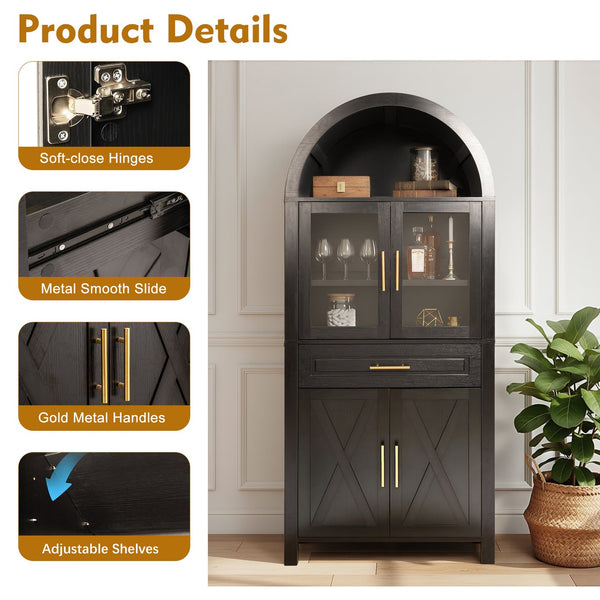 English Elm 71" Tall Arched Pantry Cabinet with Tempered Glass Door, Adjustable Shelves, Anti-Tip Kit & Metal Handles Black W2917P384730