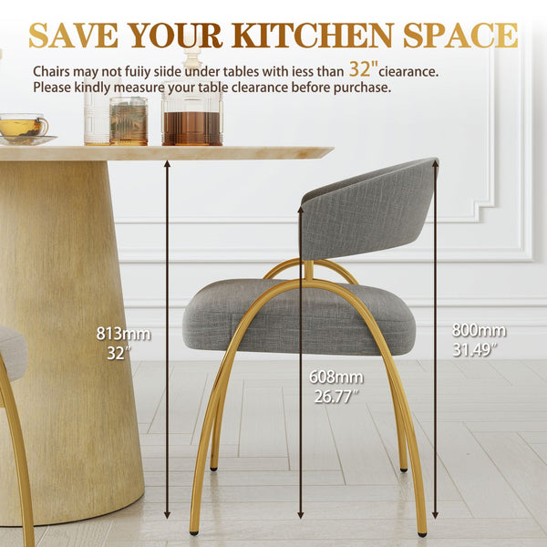 English Elm Dining Chair Set with Curved Back Gold Metal Frame Upholstered Fabric Seat Pair Light Grey W1567P343601