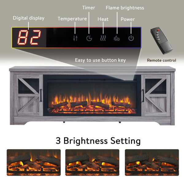 English Elm 75" Gray Wood Tv Stand with 44 Inch Electric Fireplace for Living Rooms W1769S00008