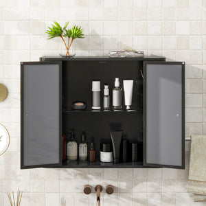 English Elm Black Wall-Mounted Bathroom Cabinet with Mirror, 2 Doors, Open Shelf & Steel Frame for Vanity Spaces W3122P272846