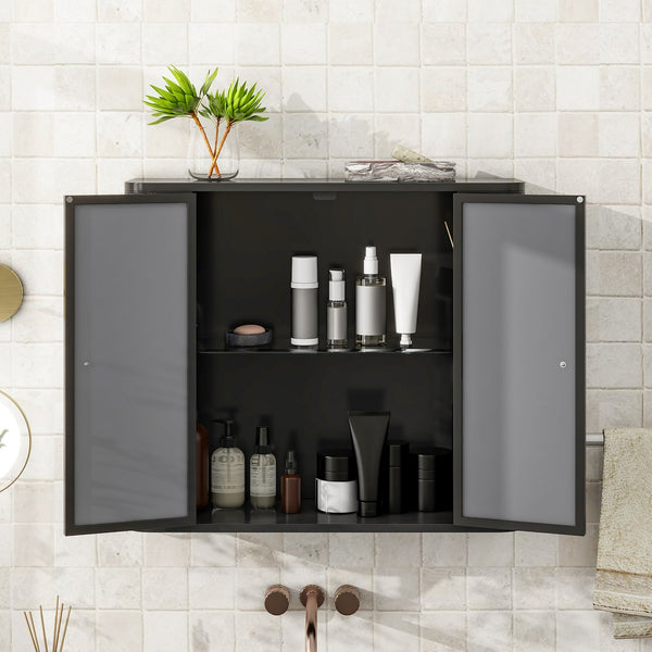 English Elm Black Wall-Mounted Bathroom Cabinet with Mirror, 2 Doors, Open Shelf & Steel Frame for Vanity Spaces W3122P272846