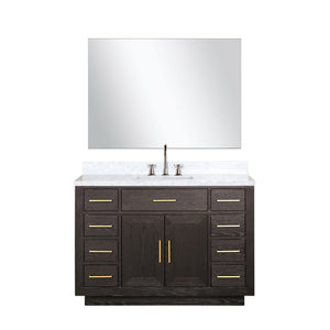 English Elm Brown Oak Single Bath Vanity Set With Carrara Marble Top, Chrome Faucet & Frameless Mirror - 48" W B2731S01958