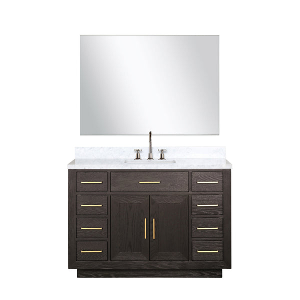 English Elm Brown Oak Single Bath Vanity Set With Carrara Marble Top, Chrome Faucet & Frameless Mirror - 48" W B2731S01958