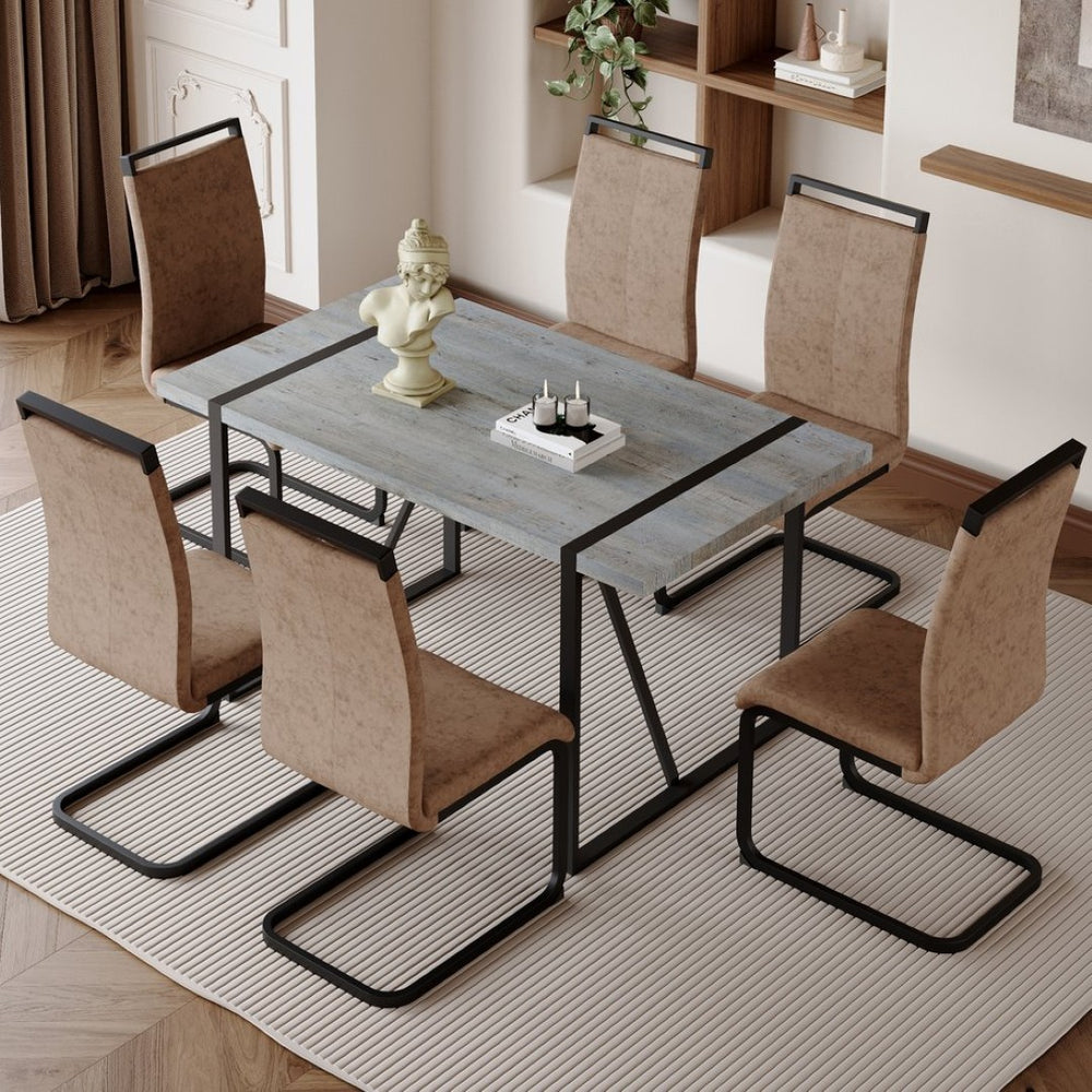 English Elm Table Modern Minimalist Grey Marble Mdf Dining Set With 6 Comfortable Brown Chairs & Metal Frame W1151S02682-GIGA
