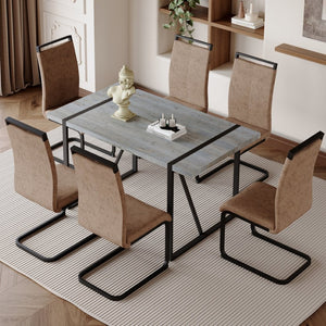 English Elm Table Modern Minimalist Grey Marble Mdf Dining Set With 6 Comfortable Brown Chairs & Metal Frame W1151S02682-GIGA
