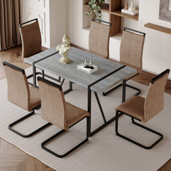 English Elm Table Modern Minimalist Grey Marble Mdf Dining Set With 6 Comfortable Brown Chairs & Metal Frame W1151S02682-GIGA