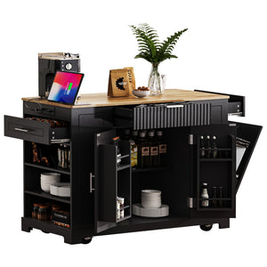 English Elm K&k Rolling Kitchen Island Rubber Wood Top Fluted Cabinet Built-in Charging Station Black N707S221571B
