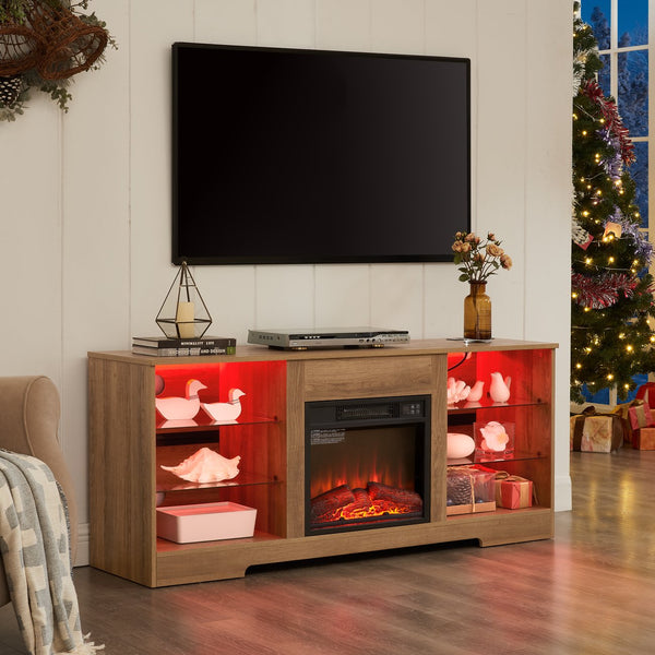 English Elm TV 58" Electric Fireplace TV Stand with LED 3D Flames, USB Charging, Ample Storage & Cable Management Oak W1758P215083