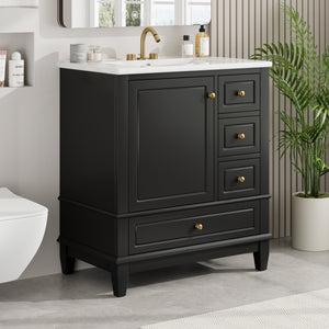 English Elm Christopher Knight Home® - 30" Freestanding Bathroom Vanity with Ceramic Sink, Soft-Close Door, Gold Knobs & 3 Drawers, Durable Painted Finish Black N759P225994B