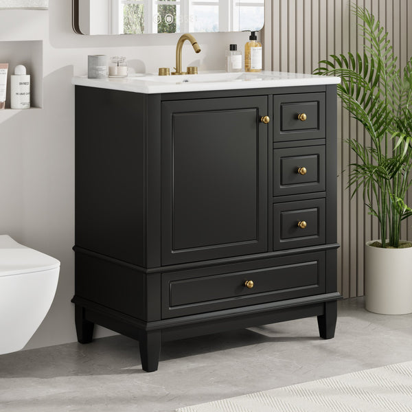 English Elm Christopher Knight Home® - 30" Freestanding Bathroom Vanity with Ceramic Sink, Soft-Close Door, Gold Knobs & 3 Drawers, Durable Painted Finish Black N759P225994B