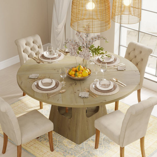 English Elm Round Farmhouse Dining Table 47 Inch Wooden Top with Lower Storage Shelf Seats Six Natural W757P367148