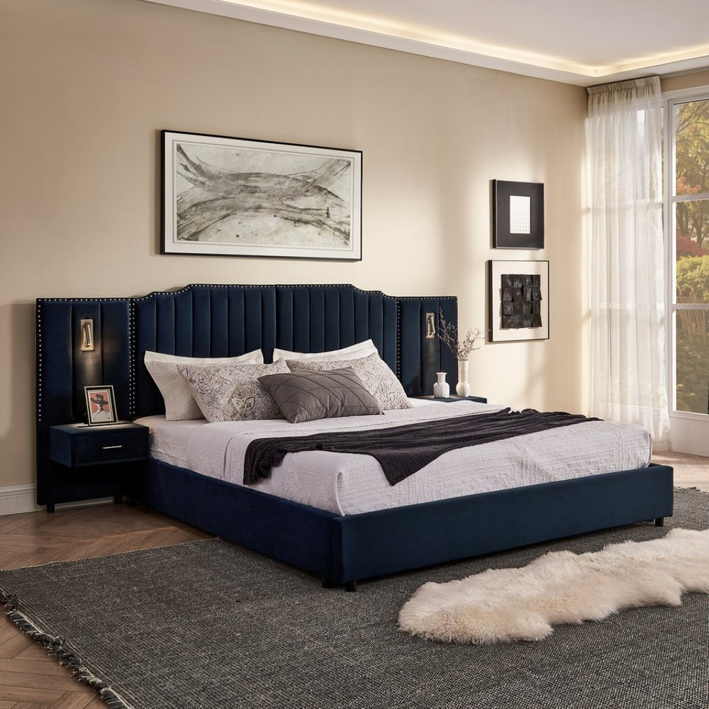 English Elm King Velvet Platform Bed Tufted Headboard with Built in Nightstands and Adjustable Lamps Dark Blue W487S00437